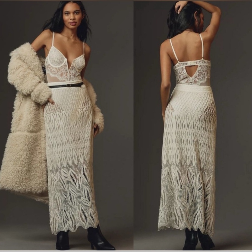 ANTHROPOLOGIE Beaded Lace Column Sheer Maxi Skirt XS